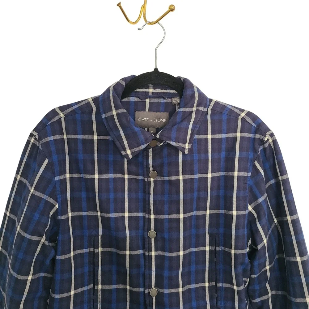 Slate & Stone Mens Plaid Quilted Lined Snap Front Shirt Jacket Blue White Size M